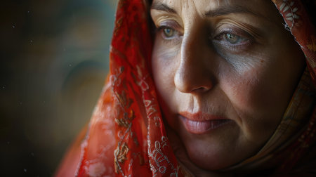 Mother Mary. Portrait of an elderly woman in a red shawl. Biblical character.の素材