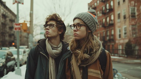 Young beautiful hipster couple in the city at winter day.の素材