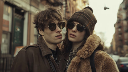 Portrait of a beautiful young couple with sunglasses walking in the city during winter.の素材