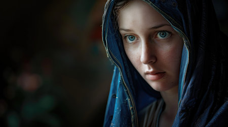 Mother Mary. Portrait of a beautiful young woman with blue eyes in a veil. Biblical character.の素材