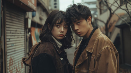 Portrait of young asian couple walking in the city.の素材