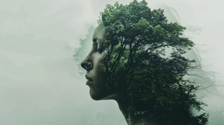 Environmental awareness. Double exposure of woman face and green tree in the forest. Conceptual image.の素材