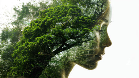 Environmental awareness. Double exposure of woman head and green tree as concept of nature conservation.の素材