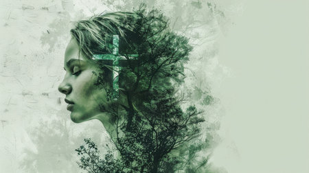 Double exposure portrait of young woman with cross and forest in her head. Christian concept.の素材