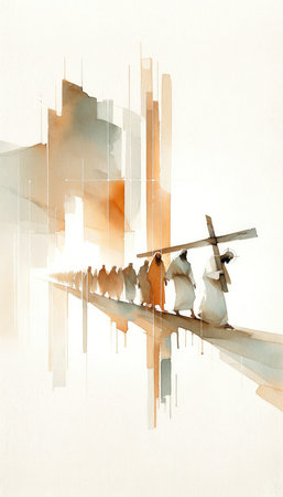 Silhouette of Jesus Christ carrying the cross. Digital watercolor painting.の素材