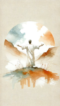 Man in worship on a background of the sun and clouds. Digital watercolor illustration.の素材