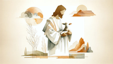 Digital illustration of Jesus Christ holding a lamb in his arms against mountain landscape.の素材