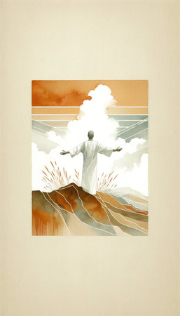 Man in worship on the mountain, against cloudy sky. Hand drawn illustration in watercolor style.の素材