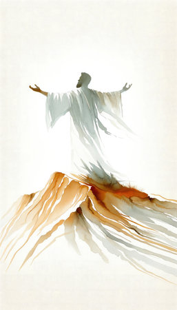 Digital illustration of man in worship in the sky, above the mountains.の素材