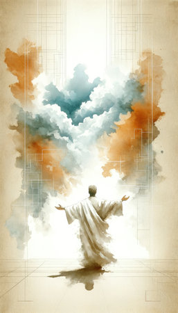 Man in worship in the sky with clouds, watercolor illustration, religion concept.の素材