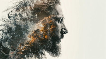 Double exposure portrait of Jesus with a long beard and hair in smoke.の素材