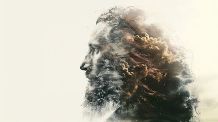 Double exposure portrait of Jesus combined with a cloud of smoke.の素材