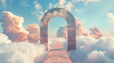 Gates of Heaven. The way to heaven. 3D render of an arch in the clouds.の素材