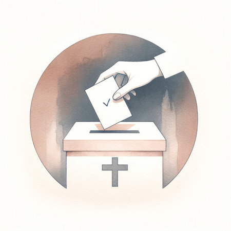 Hand putting a voting paper in the ballot box with christian cross. Digital watercolor illustration.の素材