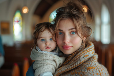 Portrait of mother and daughter in the church. Happy family.の素材