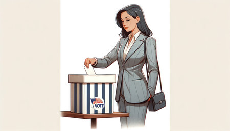 Illustration of a woman in a suit putting her vote into a ballot box with flag of USA. Vector illustration in cartoon style.の素材