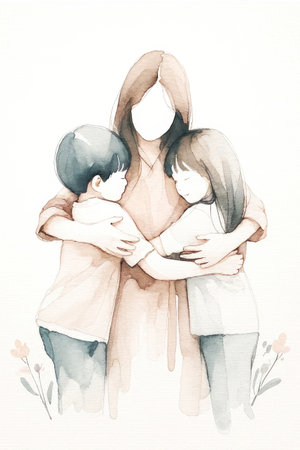 Watercolor illustration of a mother with her two children on white background.の素材
