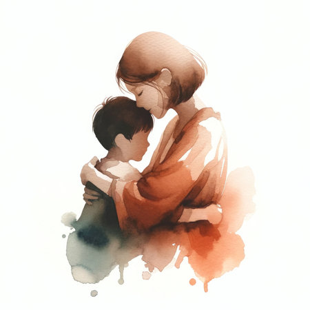 Watercolor illustration of a mother and son hugging each other on a white background.の素材