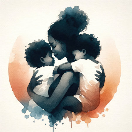 Mother and children hug each other. Watercolor digital illustration.の素材