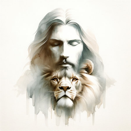 Lion and Jesus, digital painting on a white background.の素材