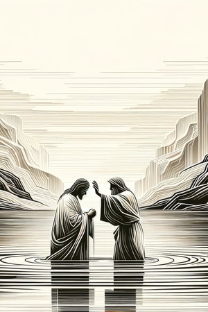 Jesus is baptized by John the Baptist in the Jordan River. Digital illustration.の素材