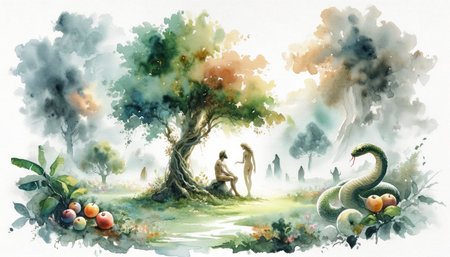 Adam and Eve in the garden of Eden. Digital illustration.の素材
