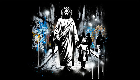 Jesus Christ with a little girl. Graffiti artwork. Vector illustration.の素材