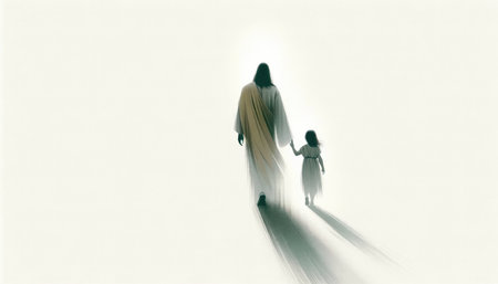 Jesus walking with a little girl on a neutral background. Rear view. Conceptual illustration.の素材