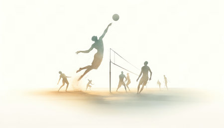 Olympics. Beach volleyball. Volleyball players silhouettes on white background. Digital illustration.の素材