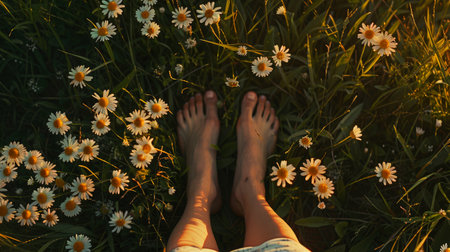 Woman's feet on daisies meadow at sunset in summer. Freedom and relax concept.の素材