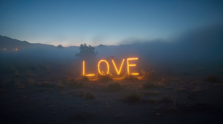 Neon Text Art In Dreamy Landscapes. 3D rendering of the word love in the desert at night.の素材