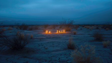 Neon Text Art In Dreamy Landscapes. Be still written on the sand in the desert at night.の素材