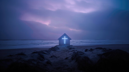 Neon Art In Dreamy Landscapes. Night scene of a church by the beach with a stormy sky.の素材