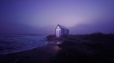 Neon Art In Dreamy Landscapes. Conceptual image of a church at night on the beach with a blue sky.の素材