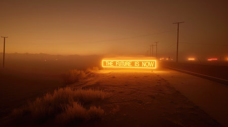 Neon Text Art In Dreamy Landscapes. Foggy road in the desert with neon sign. The future is now.の素材