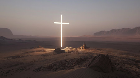 Neon Art In Dreamy Landscapes. Neon cross in the desert at sunrise.の素材