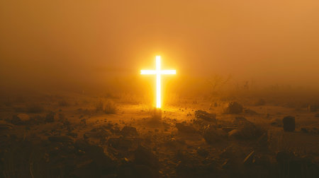 Neon Art In Dreamy Landscapes. Bright neon cross of Jesus Christ in the desert at night.の素材