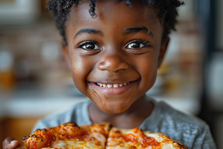 Portrait of smiling African American boy eating pizza in the restaurant.の素材