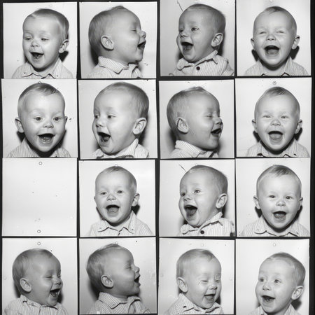 Photo collage of a baby boy with different facial expressions and emotions. Noir et blanc. Studio shot.の素材