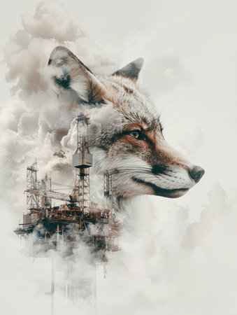 Double exposure of a fox in front of a petrochemical plant. Environmental pollution.の素材
