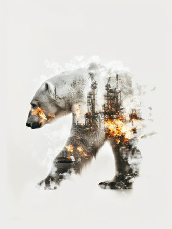 Double exposure of polar bear with fire on the background of oil refinery. Endangered wildlife.の素材