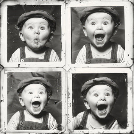 Portrait of a little boy in a cap and apron. Studio shot.の素材