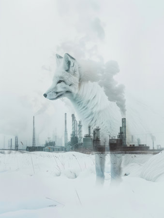 Portrait of a white foxin front of a refinery in winter, double exposure. Endangered wildlife.の素材
