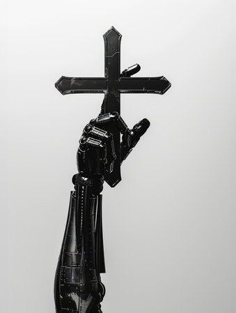 Robot hand holding a cross on a gray background.の素材