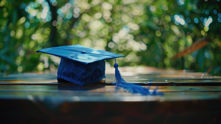 Graduation cap and tassel on wooden table in park.の素材