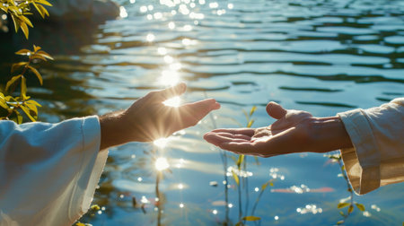Young couple holding hands on the background of the lake and the sunの素材