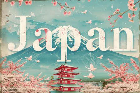 The word Japan against the background of Mount Fuji and cherry blossomsの素材