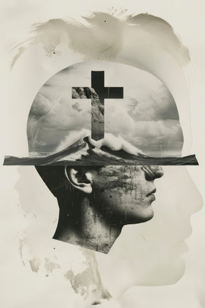 Double exposure of man face and cross on sky background. Christian concept. Vintage poster style photography.の素材