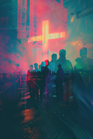 Dancing people in a night club. Colorful neon lights.の素材