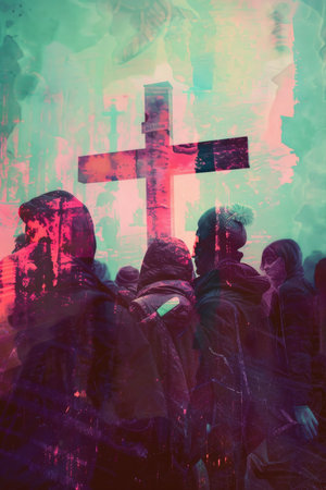 Unidentified people participating in the christian cross procession  in Zagreb, Croatia.の素材